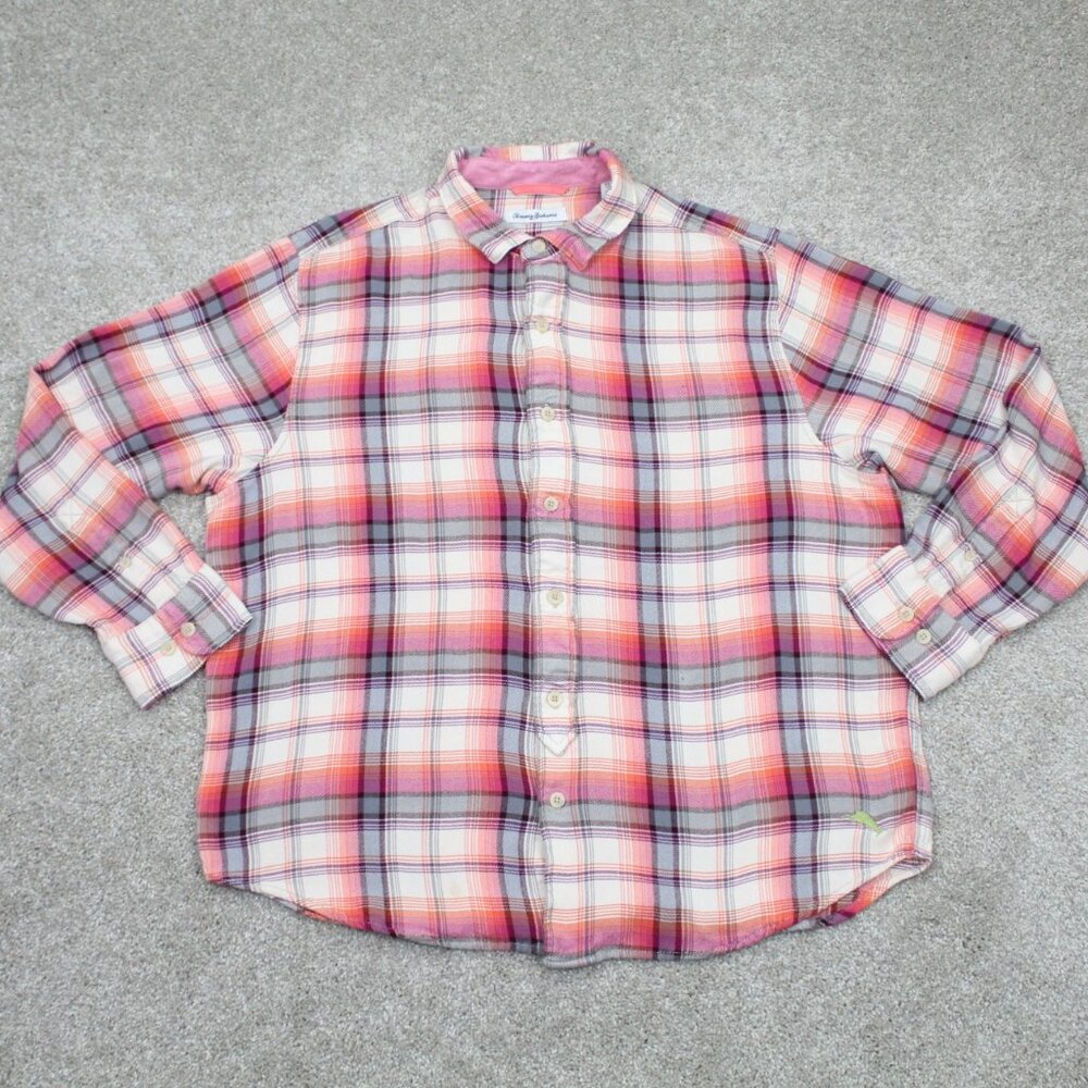 Tommy Bahama Shirt Men XL PInk/Purple/White Pebble Bay Plaid Rayon L/S Button Up